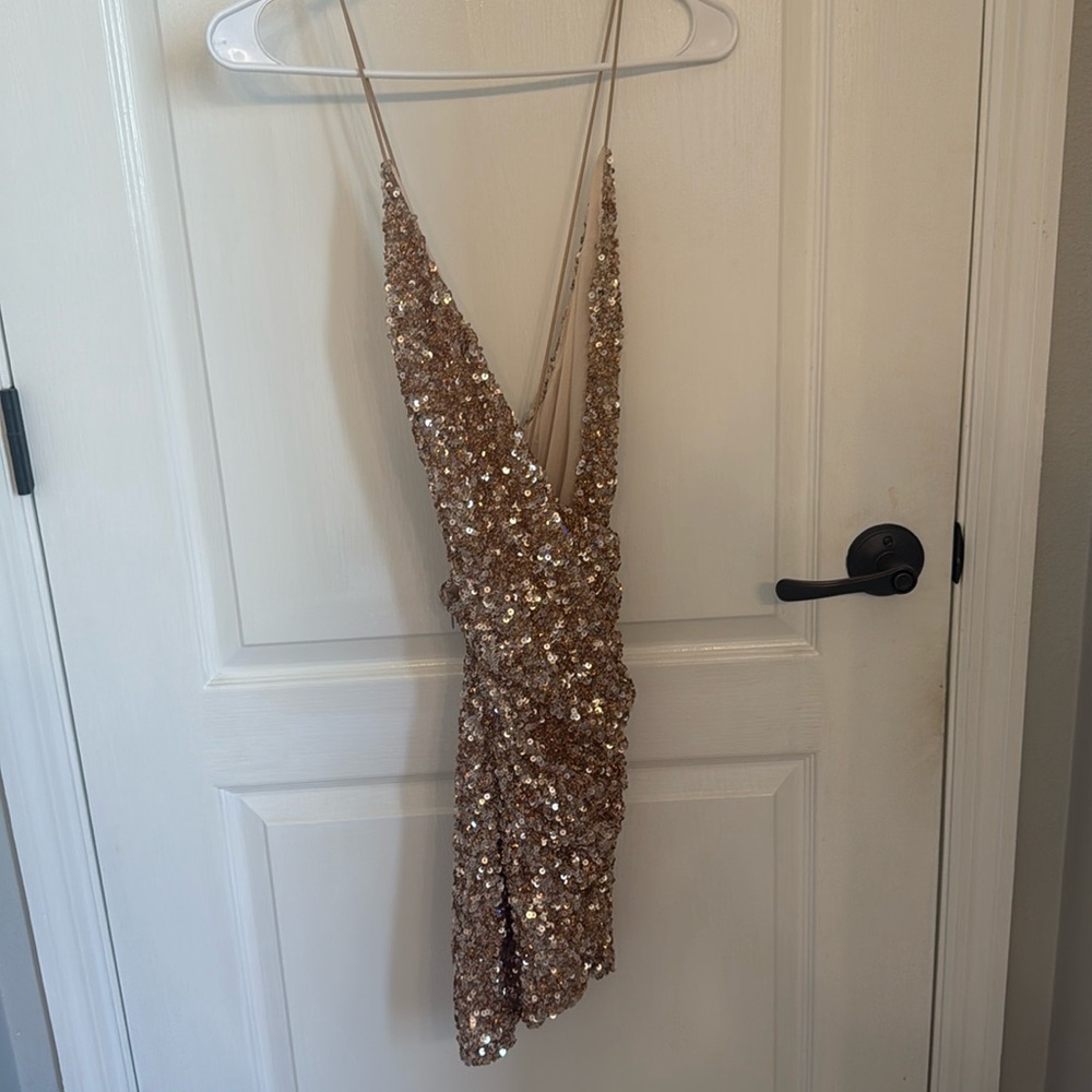 Oh Polly Night Fever Embellished Wrap Mini Dress in Gold Size 4